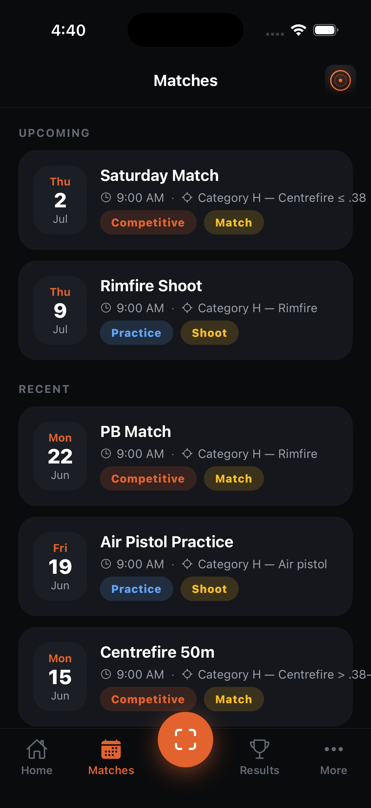 Match calendar in the Gunny app
