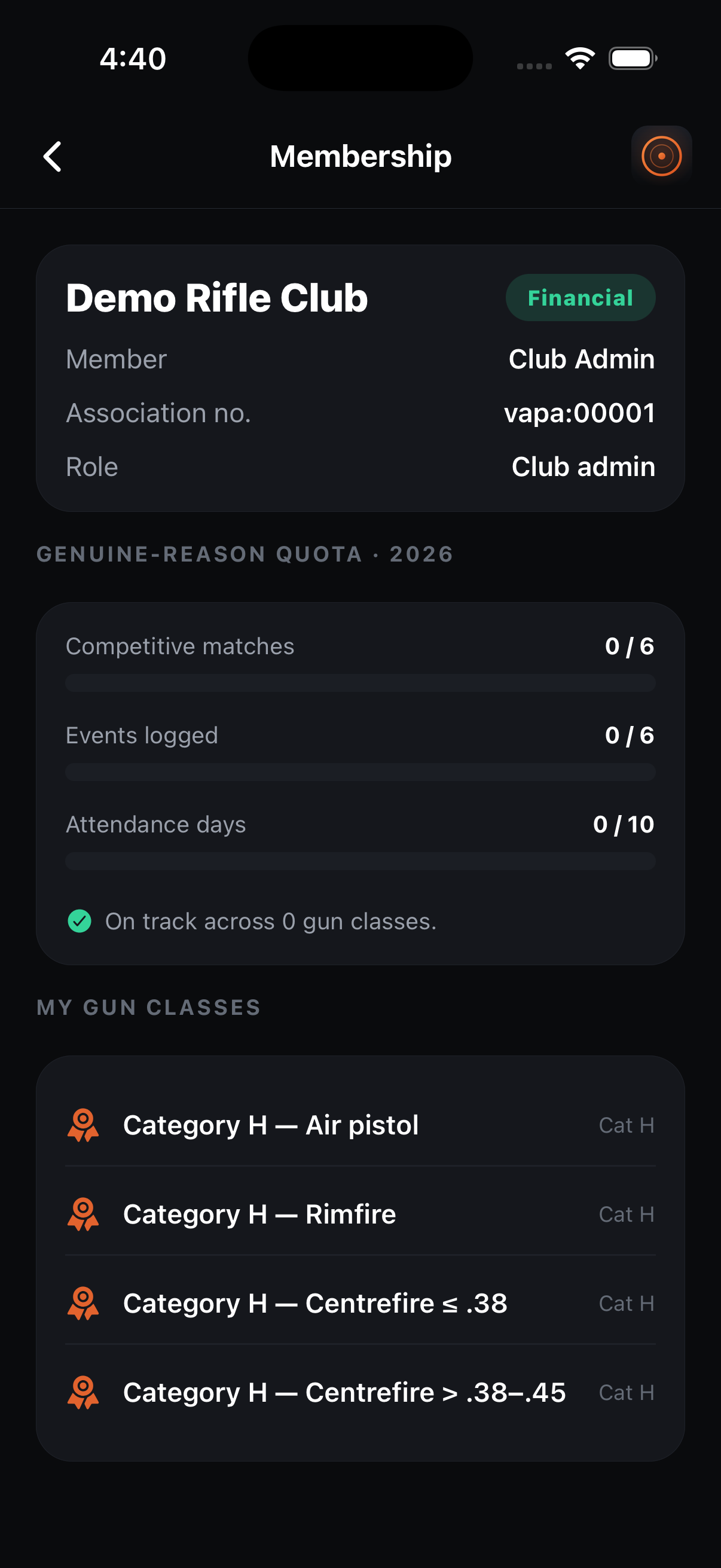 Membership status screen in the Gunny app