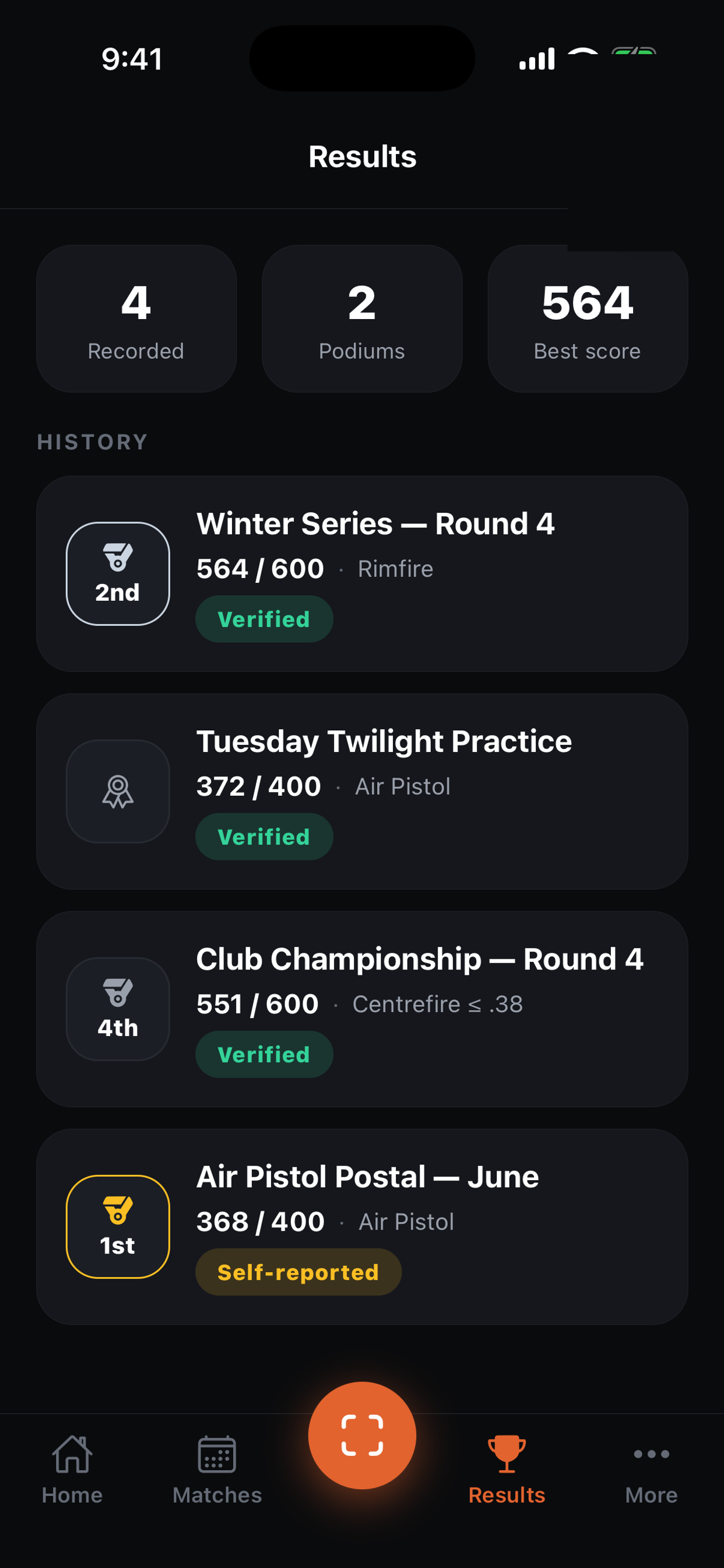 Match results and scores in the Gunny app